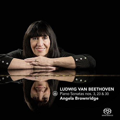 Angela Brownridge's album cover with a reflective surface, featuring her portrait and Beethoven's name.