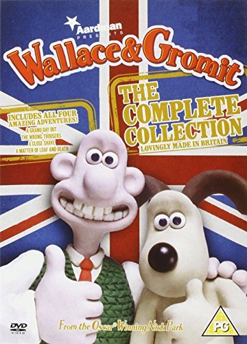 DVD cover featuring Wallace and Gromit drinking tea, with a grey and gold background.