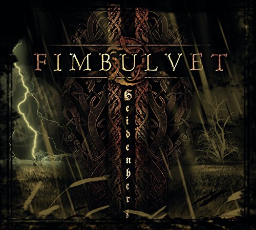 "Fimbulvet album cover with Celtic cross, lightning, and stormy landscape in dark, muted tones."