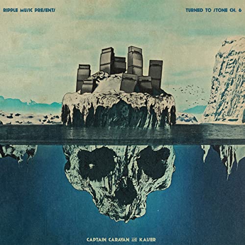 Vinyl album cover: surreal landscape with a skull reflection.