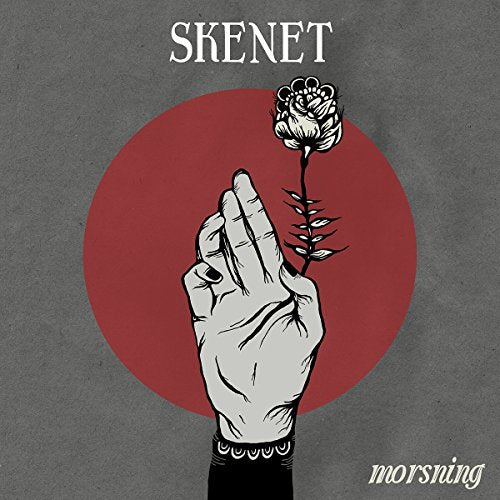 A hand holding a flower against a red circle on a gray background.