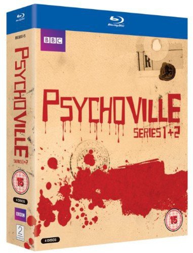 "Blu-ray box set for 'Psychoville' series 1 and 2 with beige cover and red splatters."