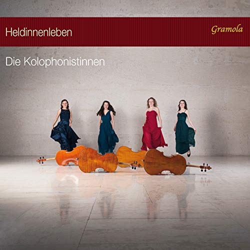 "Album cover with four women in dresses and cellos on a grey floor."