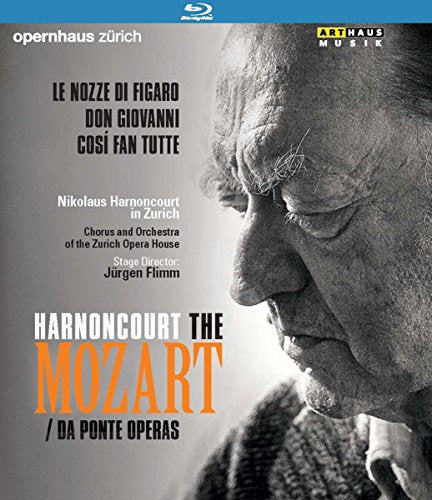 A DVD cover featuring a black-and-white profile image of Nikolaus Harnoncourt with Mozart operas listed.