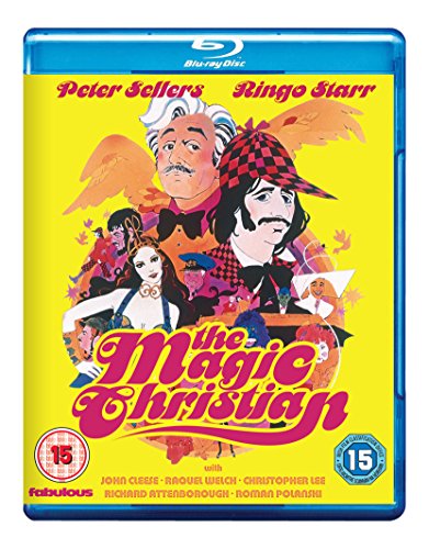 The Magic Christian" Blu-ray cover featuring Peter Sellers, Ringo Starr, and colorful artwork.