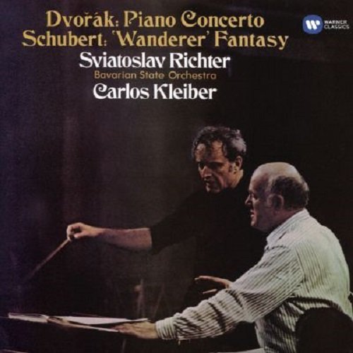 "CD cover with black vinyl record and conductor and pianist image."