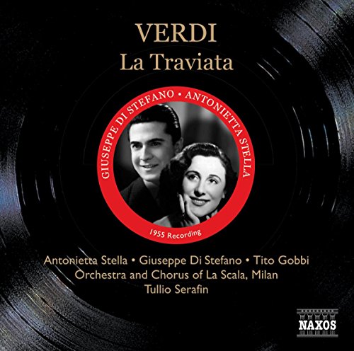 CD cover for Verdi’s “La Traviata” featuring portraits and a record design.