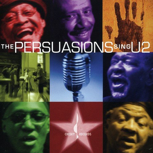 "Album cover with 9-panel grid featuring close-ups and a microphone, titled 'The Persuasions Sing U2'."