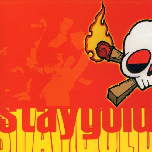 Red album cover with skull, flames, and blurred figures; text reads "stay gold".