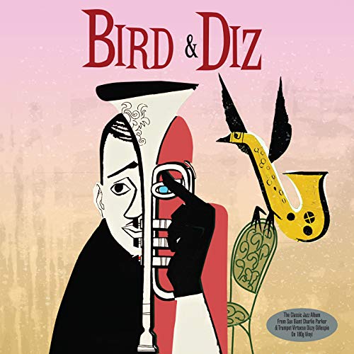 Illustrated album cover featuring a trumpeter and a flying saxophone on a pink background.