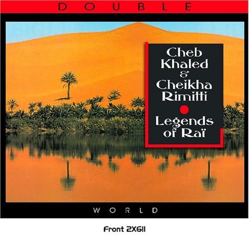 "Album cover with desert landscape, palm trees, and black text box with artist names."