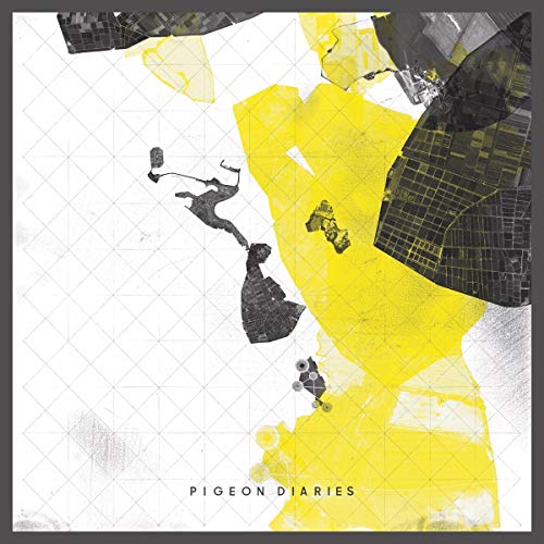 Abstract vinyl album cover with yellow and black shapes, pigeon silhouette.