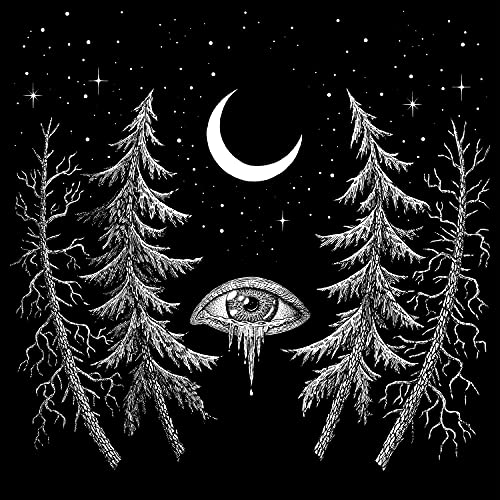 Black and white illustration of trees, moon, eye, and stars.