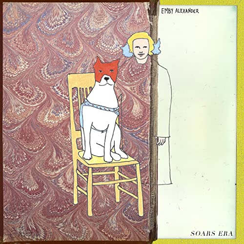 Album cover: dog with mask on chair, person with headphones.