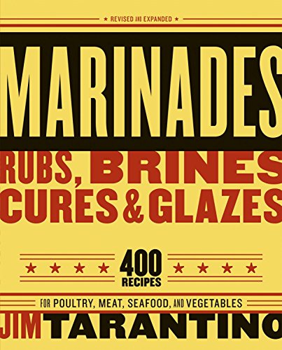 Yellow cookbook cover with bold red text listing marinade and recipe types.