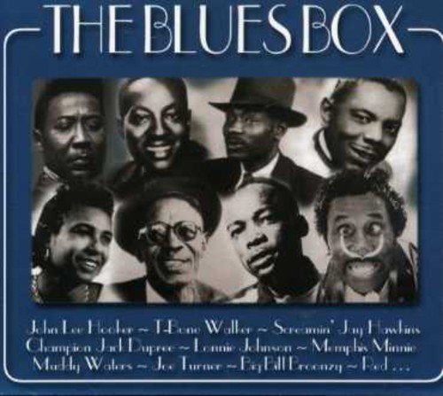 "CD cover with black and white portrait of eight blues musicians on blue background."