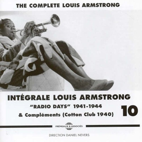 Louis Armstrong playing trumpet, album cover for 1941-1944 recordings.