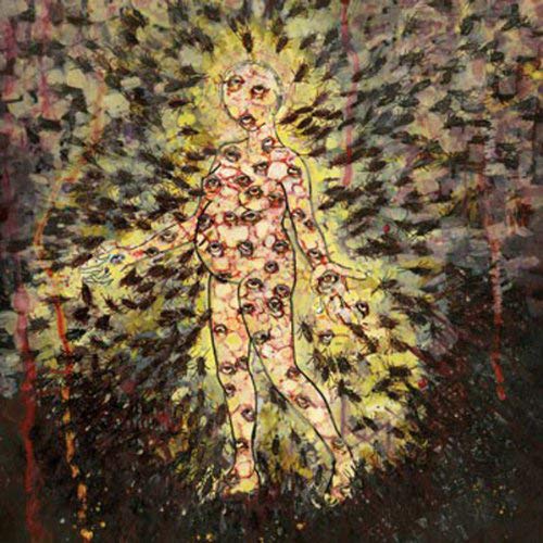 The image is an abstract illustration of a figure with multiple eyes. For accessibility purposes, a suitable alt text could be: "Abstract album cover with a figure covered in eyes."