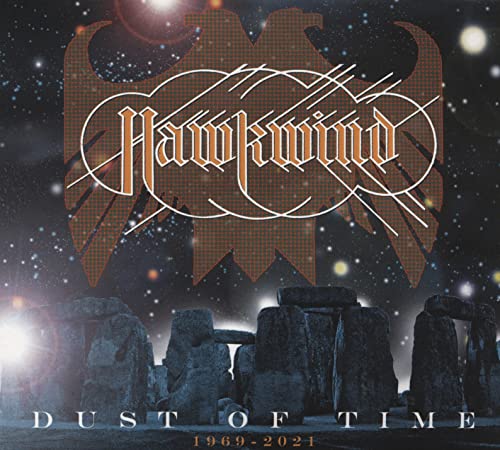 Hawkwind album cover: stonehenge, orange wings, and band logo against a starry sky.