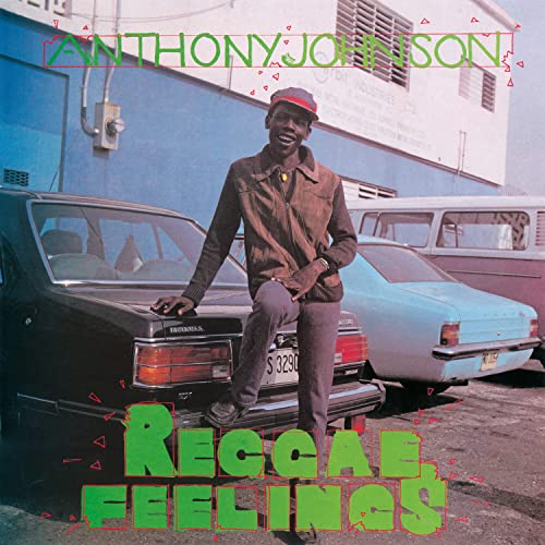 Album cover for Anthony Johnson’s “Reggae Feelings” featuring a man by cars.