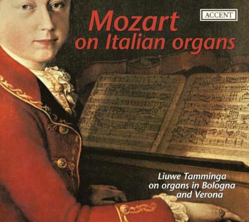 "Mozart in red coat holding sheet music, 'Mozart on Italian Organs' CD cover."
