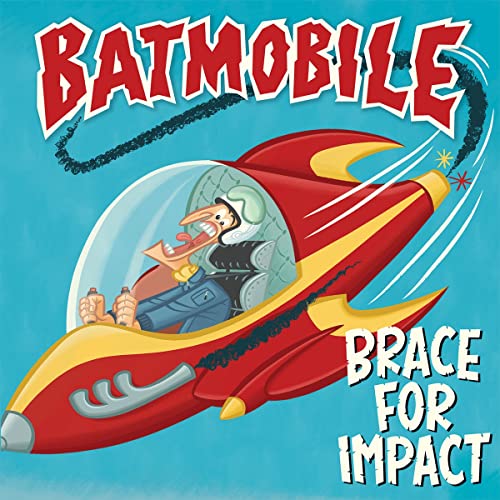 Cartoon Batmobile with a surprised driver speeding forward, album cover art.