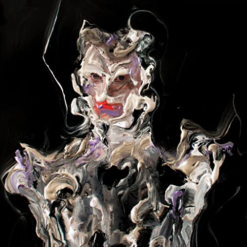 Painted portrait of a person with distorted features against a black background.