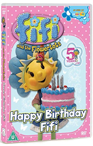DVD case with cartoon flower character and birthday cake on a pink background.