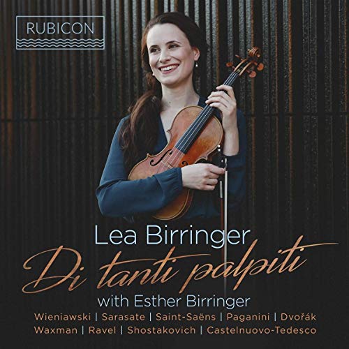Woman holding a violin, album cover for "Di Tanti Palpiti" CD.