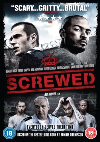 DVD cover for the film Screwed featuring portraits of several men against prison walls.