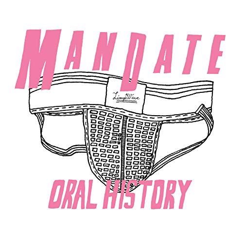 "Album cover with a jockstrap illustration and pink text on a white background."