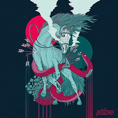 Pale blue skeletal horse with arrows, entwined by a red snake.