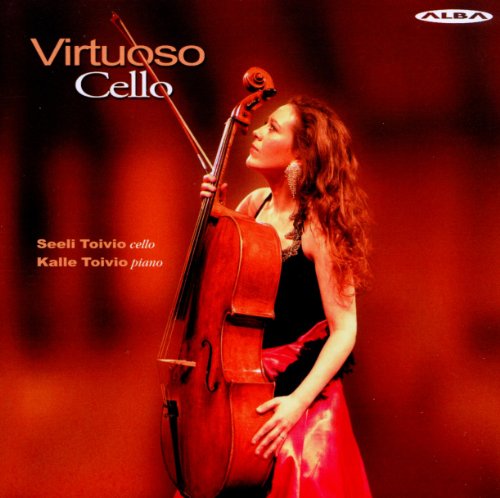 Woman playing cello, album cover for "Virtuoso Cello" by Seeli Toivio.