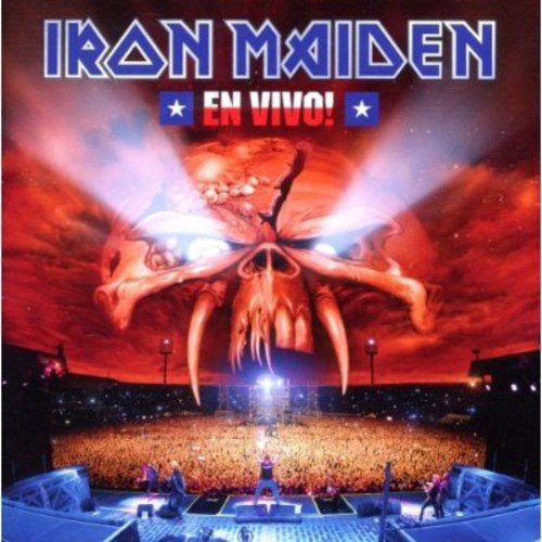 "Album cover featuring Iron Maiden's mascot and a concert crowd, with 'En Vivo!' text."