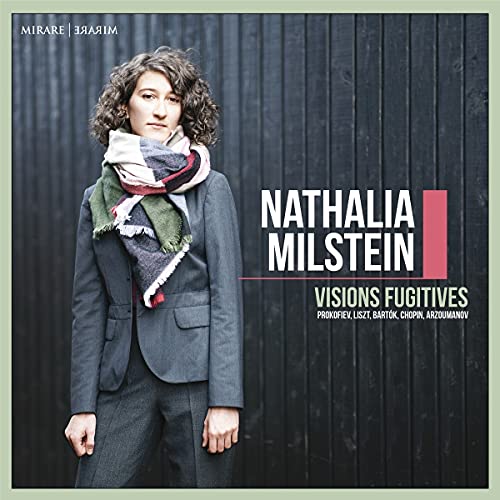 CD cover: Nathalia Milstein, pianist, in a suit and colorful scarf.