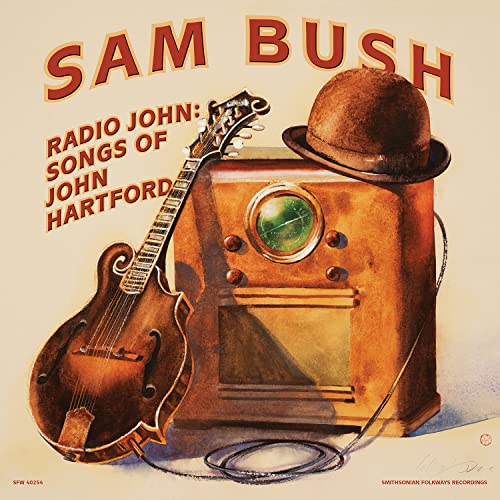 Sam Bush album cover: mandolin, vintage radio, and bowler hat illustration.
