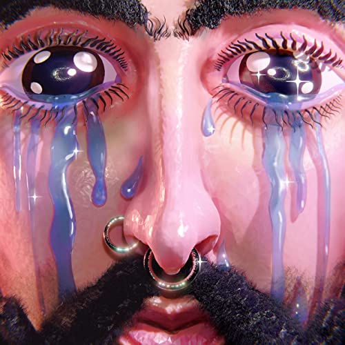Close-up of a face with large, tearful eyes and facial piercings.