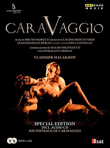 DVD cover for Staatsballett Berlin’s “Caravaggio” ballet, featuring two male dancers.