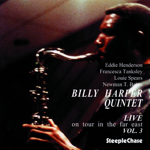 "Billy Harper playing saxophone on a jazz album cover with white text overlay."