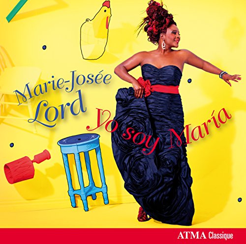 "Woman in a blue dress dancing, surrounded by objects, on a yellow album cover."