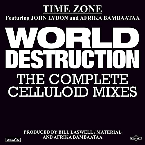 Album cover for Time Zone’s “World Destruction” with bold white text on black.