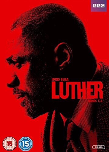 "Luther DVD cover featuring Idris Elba against a red background with BBC logo."