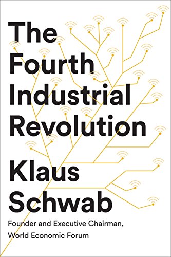 "The Fourth Industrial Revolution" book cover with yellow circuit lines on white background.