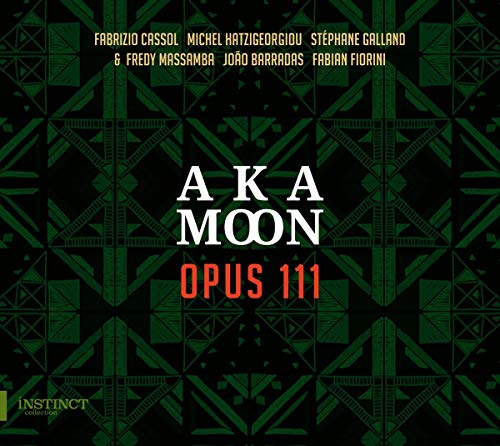 "Aka Moon Opus 111 CD cover with green geometric pattern and white and red text."