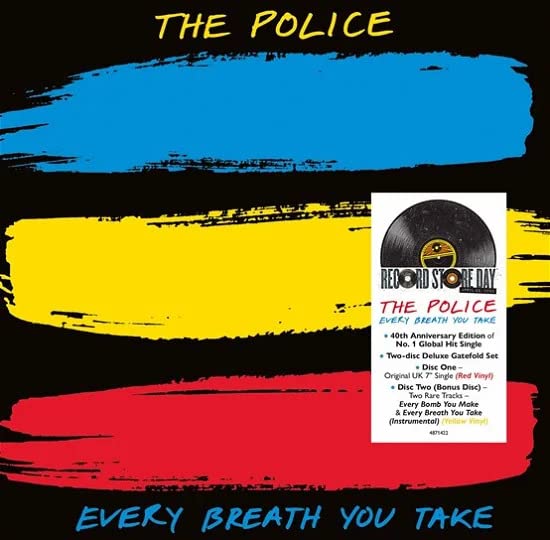 The Police "Every Breath You Take" vinyl record with colorful brushstrokes.