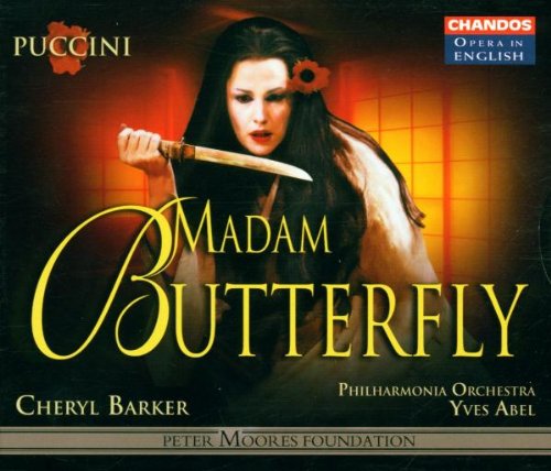CD cover for Madam Butterfly, featuring a woman holding a knife, with red background.