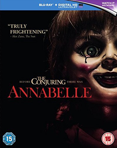 Blu-ray cover for the horror film Annabelle, featuring a doll’s face.