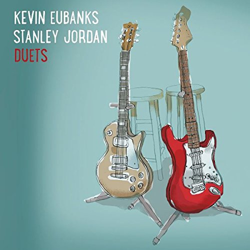 "Album cover featuring two electric guitars on stands against a blue background."