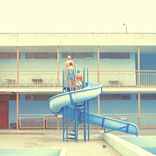 The image depicts a CD cover with a retro-style illustration of a motel pool scene. Alt text: "CD cover featuring illustration of motel pool with people on a waterslide."