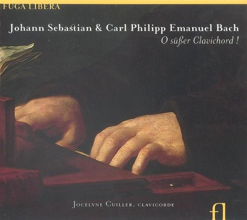 A CD cover featuring a hand playing a clavichord, with text overlay.